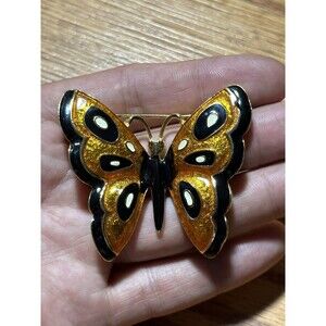Vintage DON-LIN Orange White Enamel Bufferfly Pin Black Edges Gold Tone Eyes